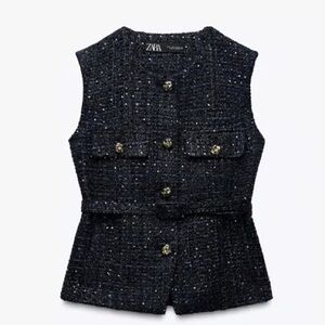 Zara Structured Belted Vest Sequin Tweed Navy Size M